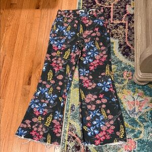 Floral Wide-Leg Jeans in Black with Blue, Pink & Yellow Blooms